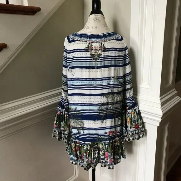 Camilla A-Line Frill Mini Dress Womens XS Blue Silk Floral Stripe Long Sleeve - Picture 12 of 14